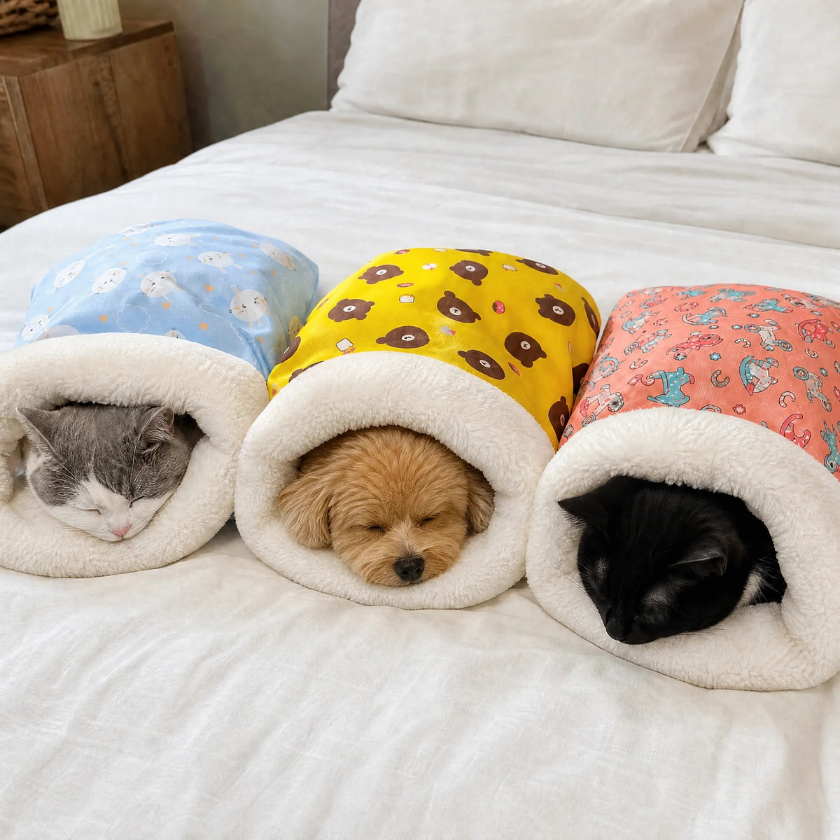 A cat, a puppy and a cat asleep in PurrNest Cozy Burrow sleeping bags